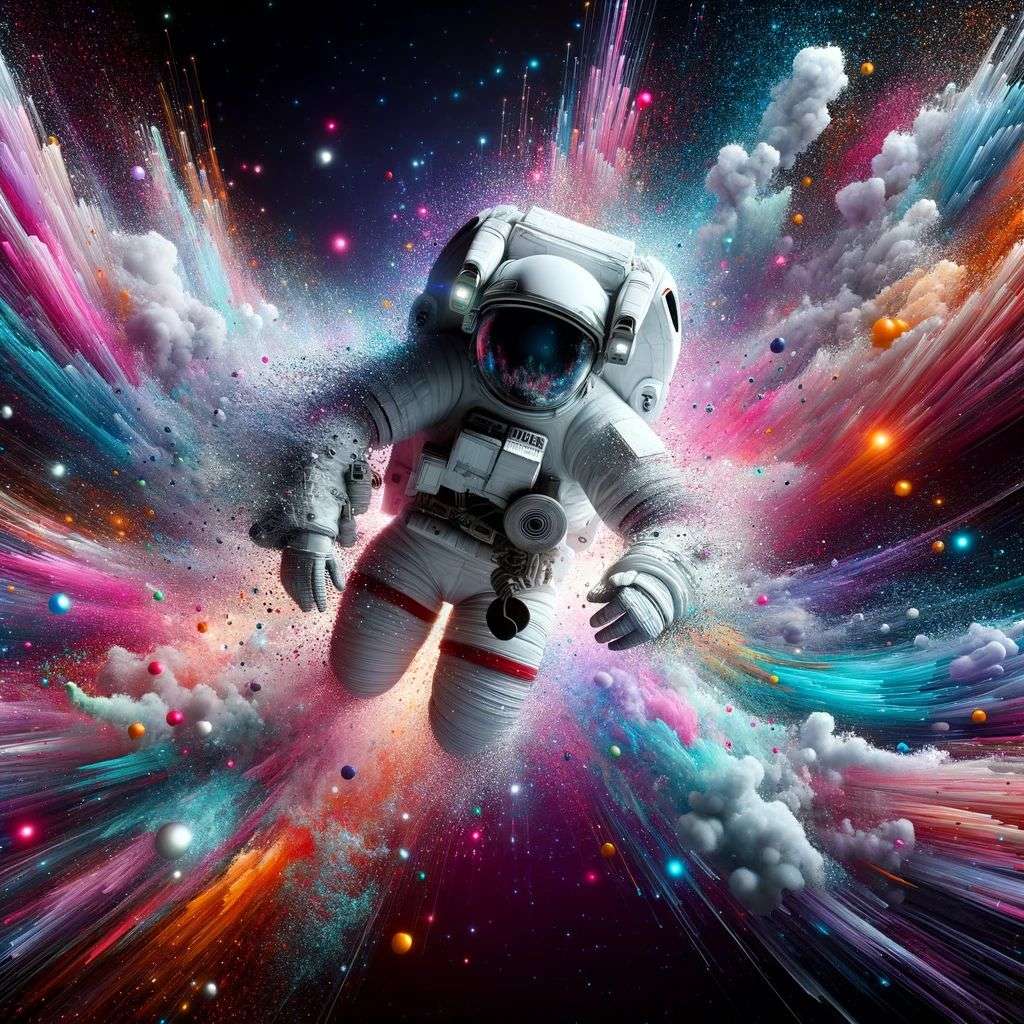 an astronaut, particle explosion, digital art
